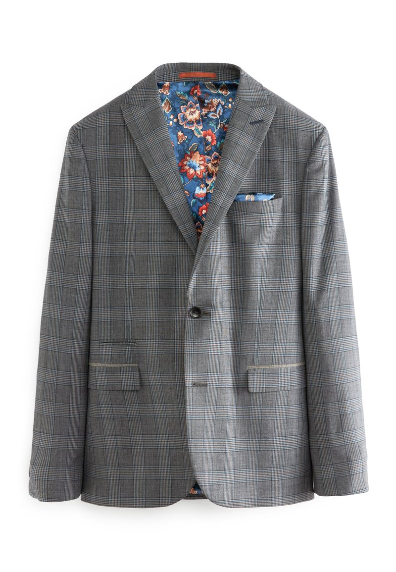Grau karierter Blazer mit einem einzelnen Knopf, zwei Vordertaschen und blauer Blumenfutter. Enthält ein Taschentuch in Blau mit floralen Akzenten.