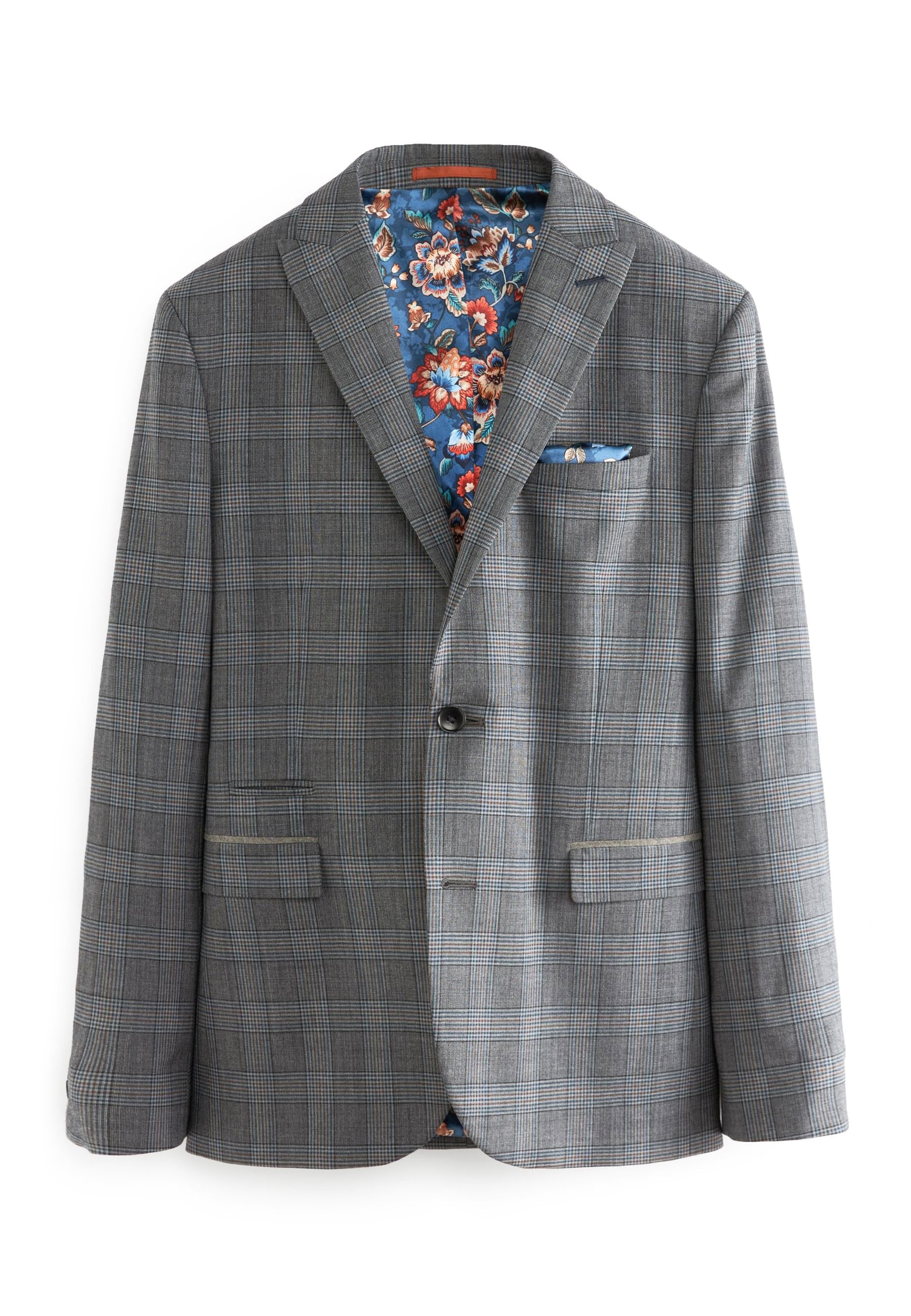 Grau karierter Blazer mit einem einzelnen Knopf, zwei Vordertaschen und blauer Blumenfutter. Enthält ein Taschentuch in Blau mit floralen Akzenten.