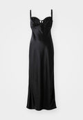 Schwarzes Satin-Maxikleid mit einem taillierten Oberteil, gewelltem Spitzenbesatz, verstellbaren Spaghetti-Trägern und einer Frontbindedetail.