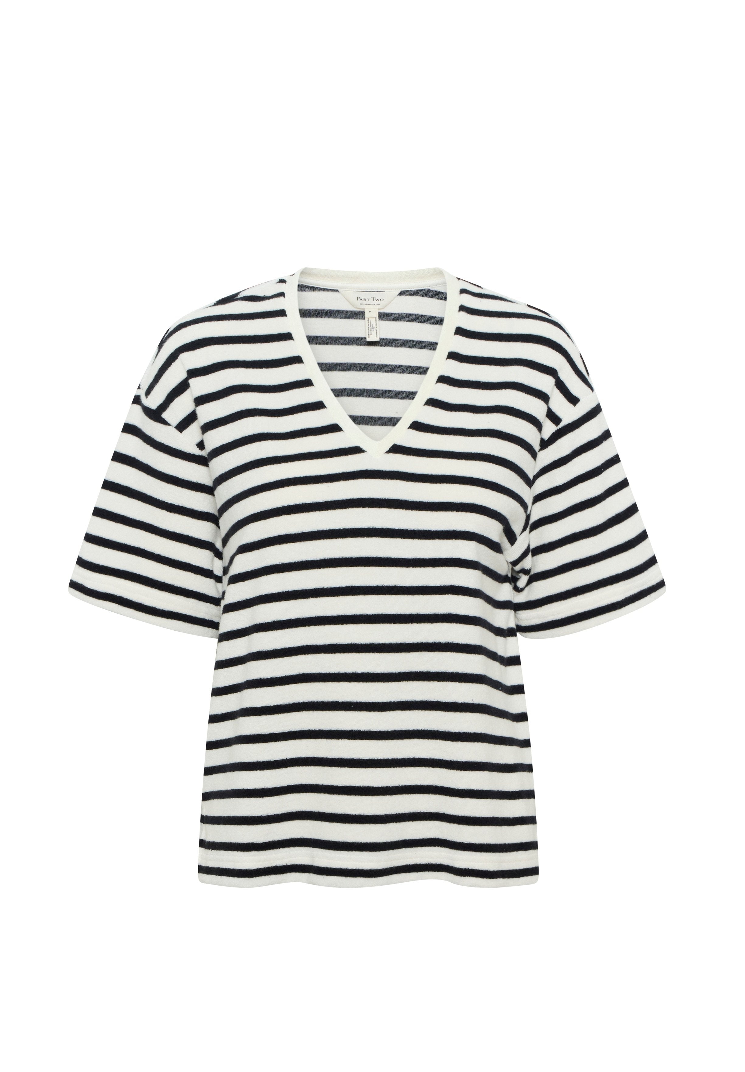 Gestreiftes V-Ausschnitt T-Shirt mit schwarz-weißen horizontalen Streifen, kurzen Ärmeln und lässiger Passform. Weicher, strukturierter Stoff.