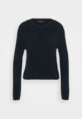 Schwarzer, langärmeliger Pullover aus weichem, strukturierter Stoff. Hat einen runden Ausschnitt und eine leicht taillierte Form. Keine sichtbaren Muster oder Akzente.