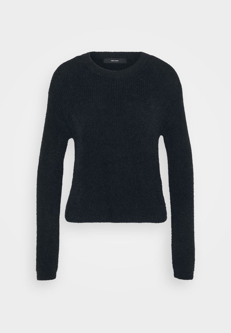 Schwarzer, langärmeliger Pullover aus weichem, strukturierter Stoff. Hat einen runden Ausschnitt und eine leicht taillierte Form. Keine sichtbaren Muster oder Akzente.