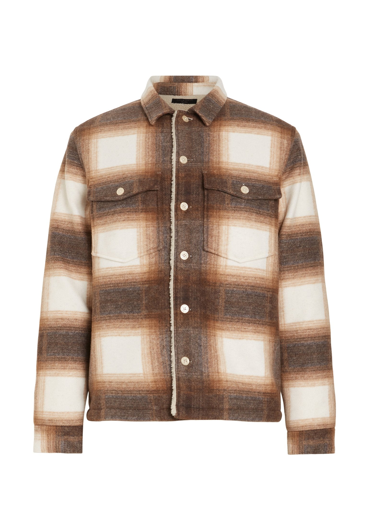 Braun-weiße kariert Flanelljacke mit zwei Brusttaschen, Knopfverschluss und weicher Textur, ausgestattet mit einem Kragen und einem genähten Innenfutter.