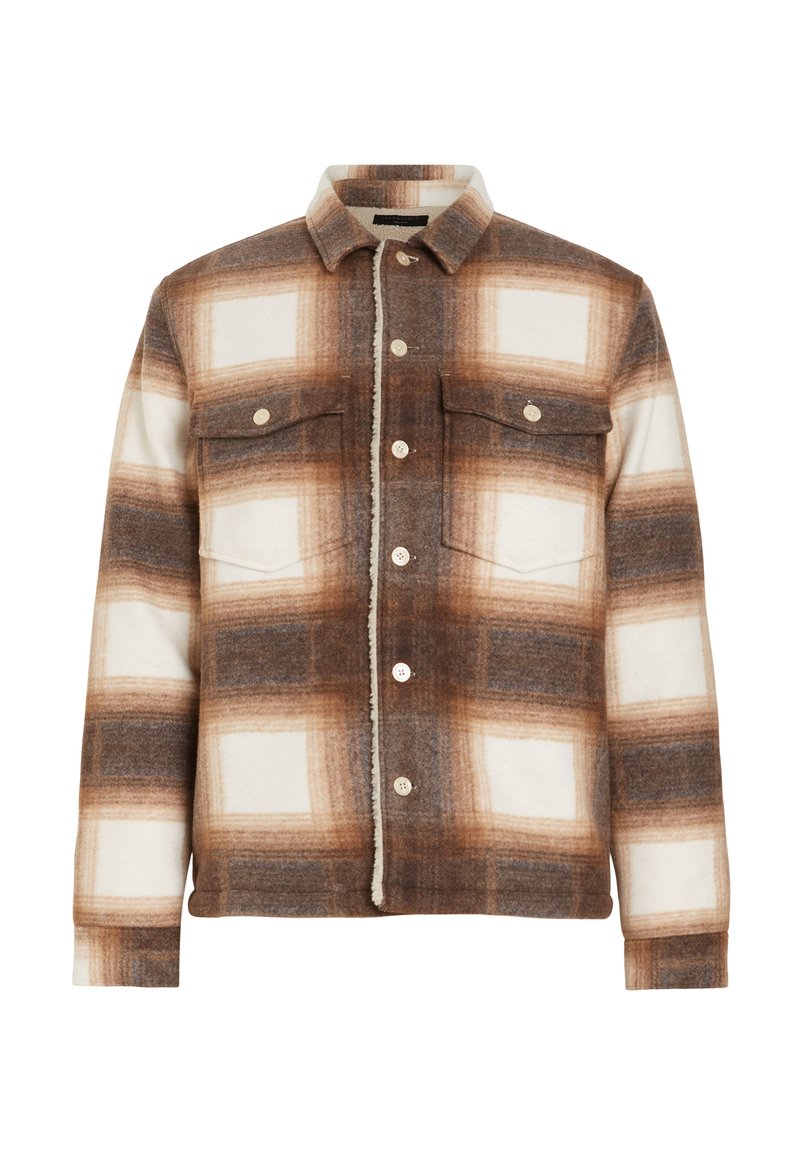 Braun-weiße kariert Flanelljacke mit zwei Brusttaschen, Knopfverschluss und weicher Textur, ausgestattet mit einem Kragen und einem genähten Innenfutter.