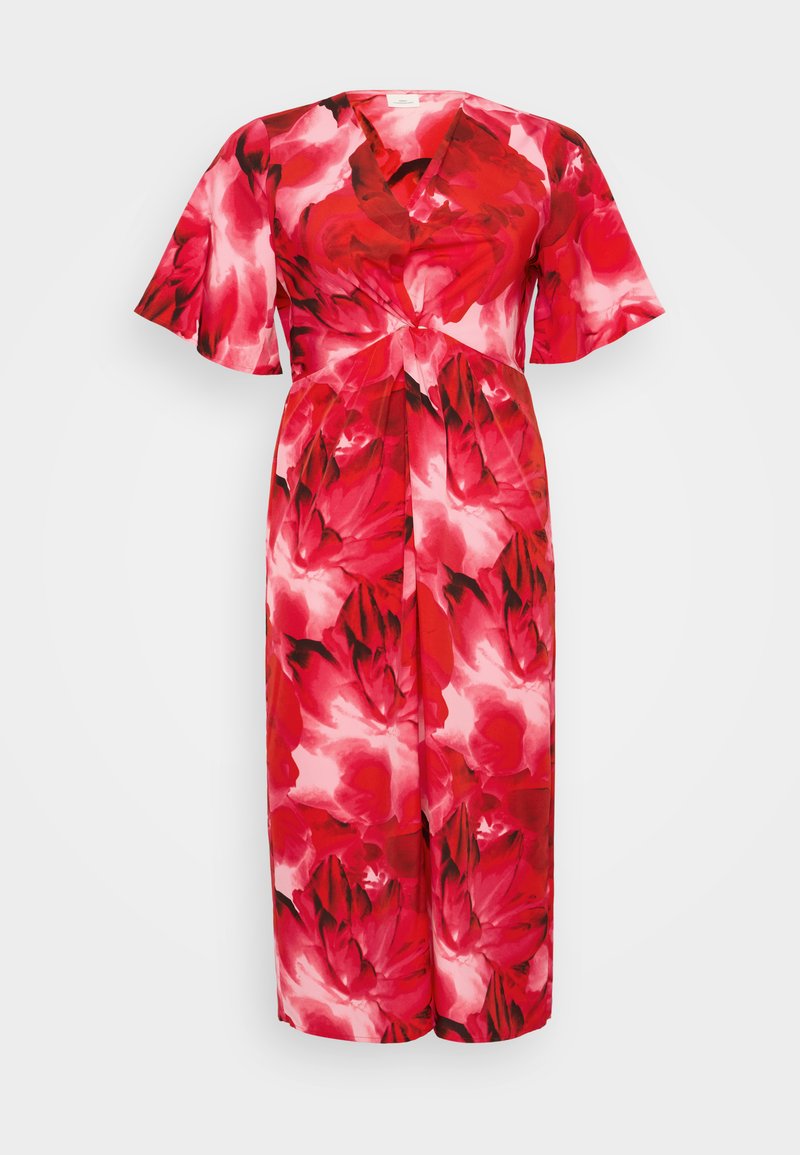Rotes Blumenkleid mit V-Ausschnitt, kurzen, flatternden Ärmeln und einem bindbaren Detail an der Taille. Glatter Stoff mit einem gewagten, bunten Muster.