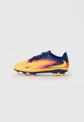 Nike Fußballschuhe mit einem gelb-blauen Design, einer strukturierten Oberseite, einem Farbverlauf-Detail und sechs orangefarbenen Stollen für besseren Halt.