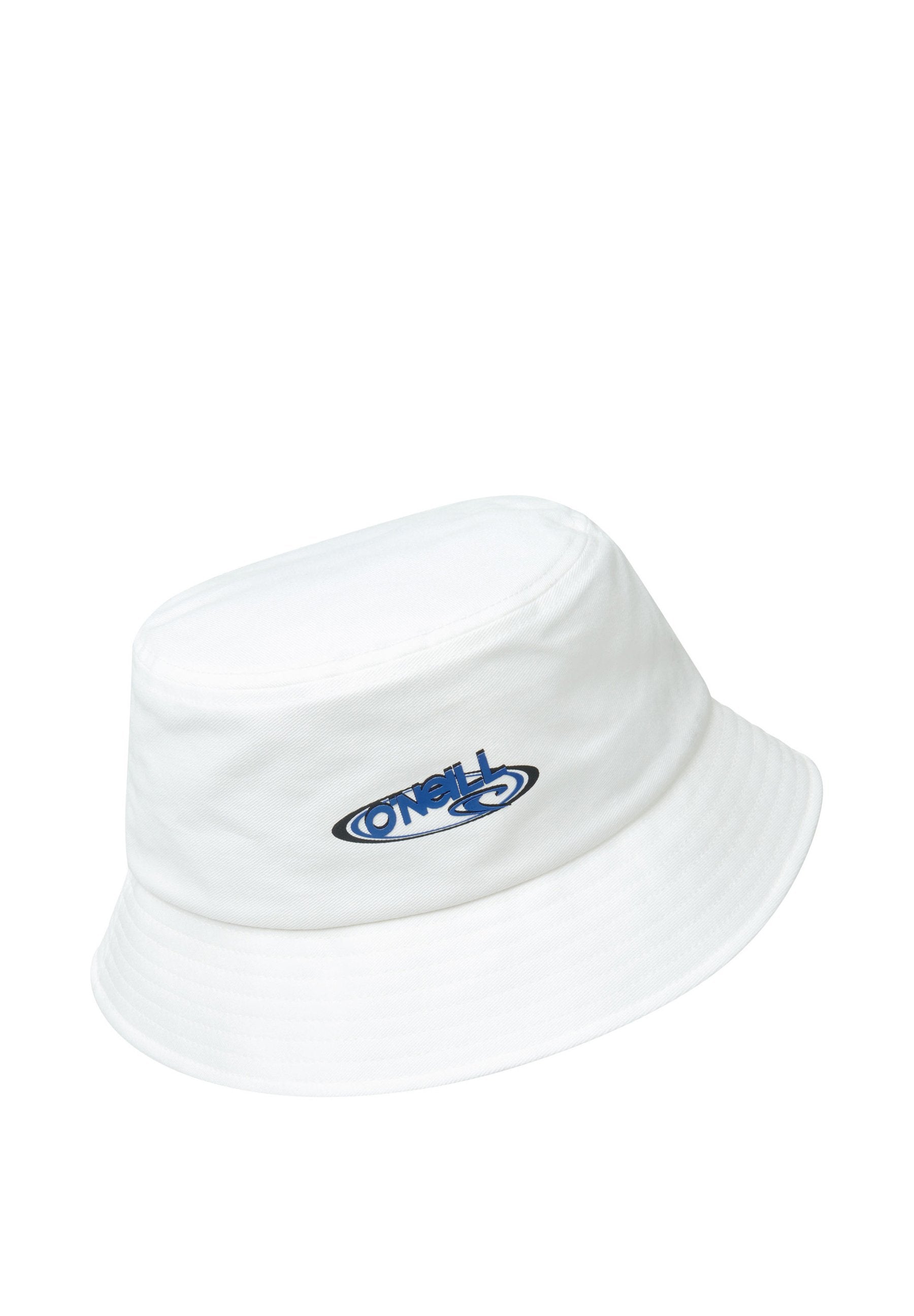 Weißer Baumwoll-Bucket-Hut mit flacher Krone, breiter Krempe und einem blauen O'Neill-Logo, das vorne aufgestickt ist. Glatte Textur, schlichtes Design.