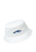 Weißer Baumwoll-Bucket-Hut mit flacher Krone, breiter Krempe und einem blauen O'Neill-Logo, das vorne aufgestickt ist. Glatte Textur, schlichtes Design.
