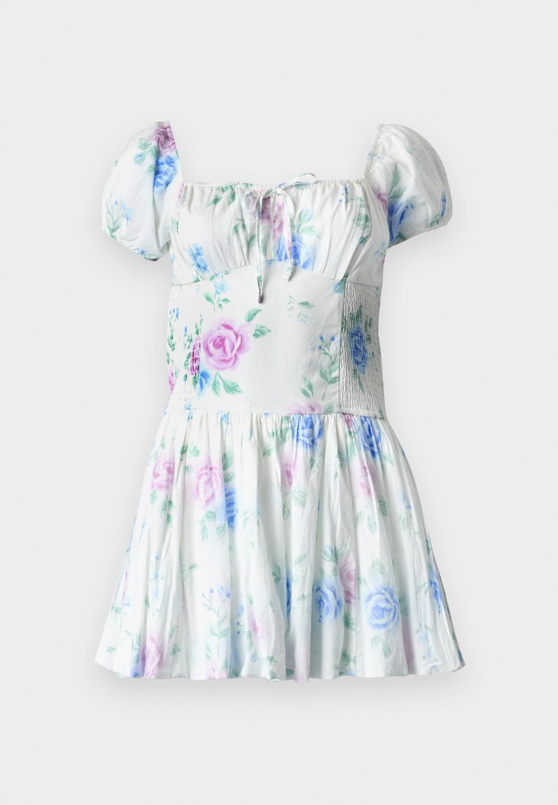 Blumenmuster-Kleid mit Puffärmeln, weißem Stoff, pastellfarbene Rosen und Blätter, gerafftes Oberteil, plissierter Rock, leichtes Material.