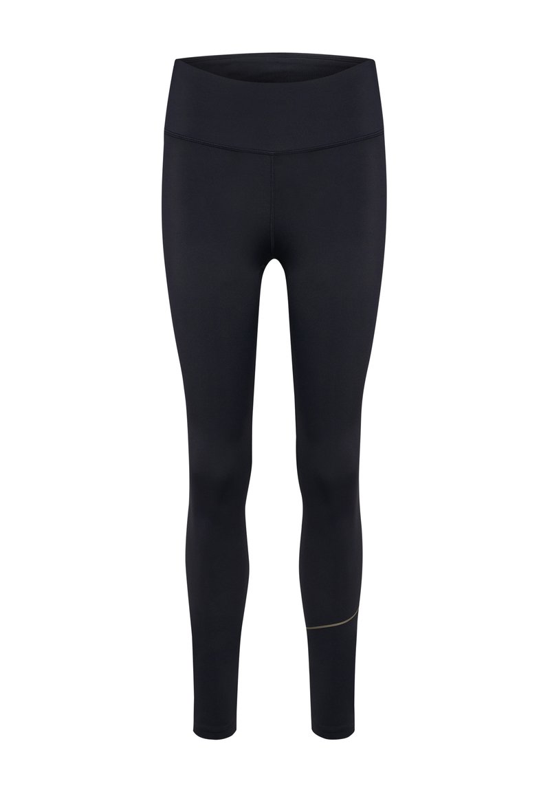 Schwarze Sportleggings mit hohem Bund, glatter Textur und schmaler Passform. Verfügt über einen subtilen goldenen Akzent am Saum für zusätzliche Details.