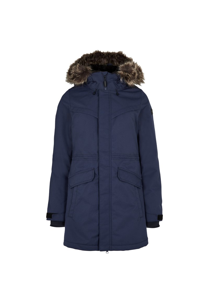 Marine Parka-Jacke mit einem mit Fell gefütterten Kapuze, ausgestattet mit einem Frontreißverschluss, zwei Vorderaschen und elastischen Bündchen für einen engen Sitz.