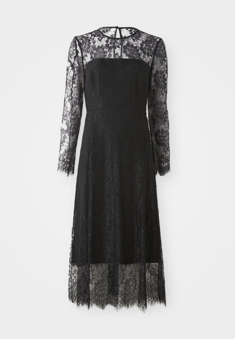 Schwarzes Spitzenkleid mit langen Ärmeln, tailliertem Oberteil und gefüttertem Blumenmuster. Mittellang mit gewelltem Saum und einem Schlüssellochausschnitt auf der Rückseite.