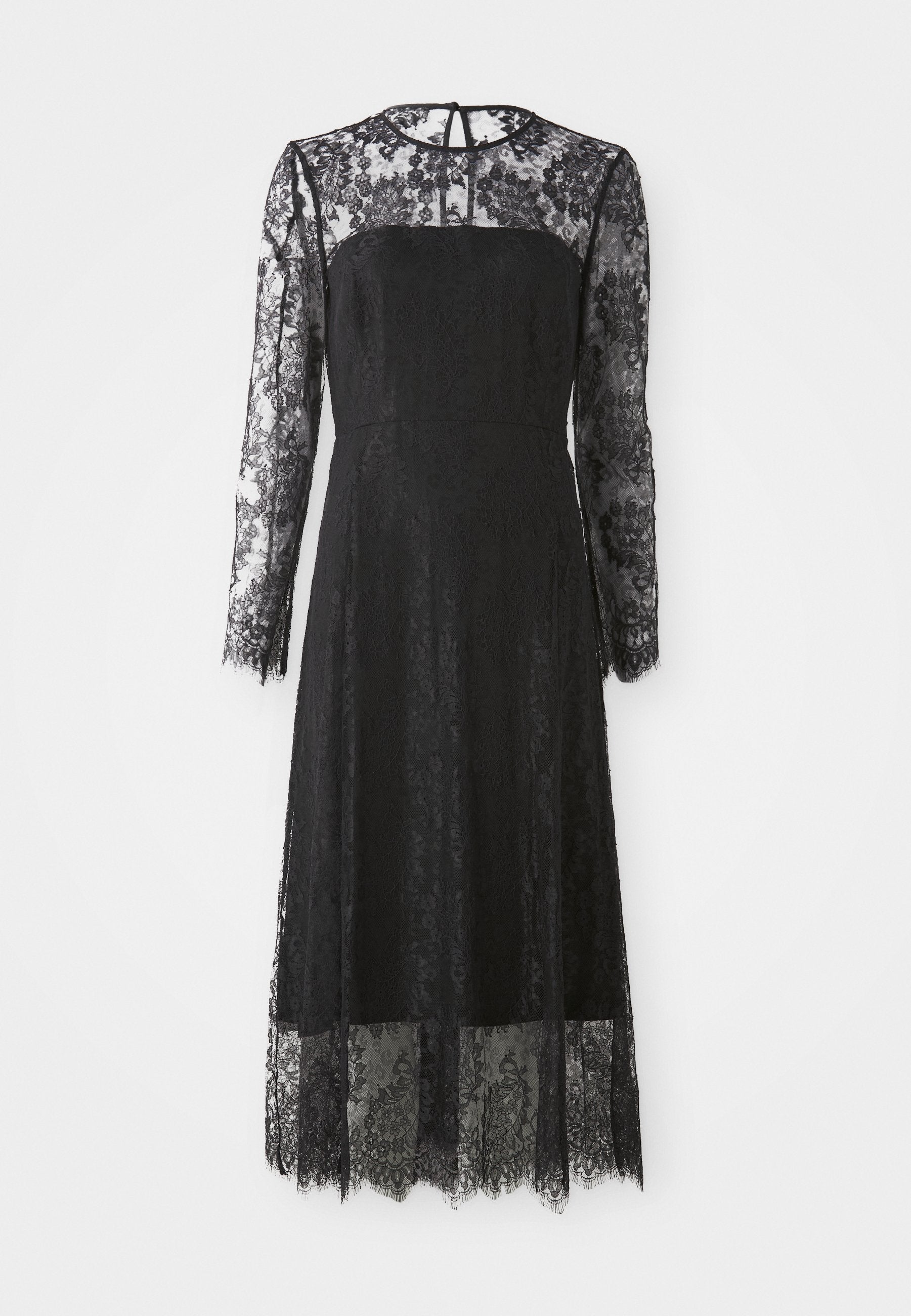 Schwarzes Spitzenkleid mit langen Ärmeln, tailliertem Oberteil und gefüttertem Blumenmuster. Mittellang mit gewelltem Saum und einem Schlüssellochausschnitt auf der Rückseite.