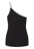 Schwarzes, geripptes Tanktop mit einem Schulterriemen. Mit einer kontrastierenden hellblauen Borte entlang des Ausschnitts und des Armausschnitts. Hergestellt aus dehnbarem Material.