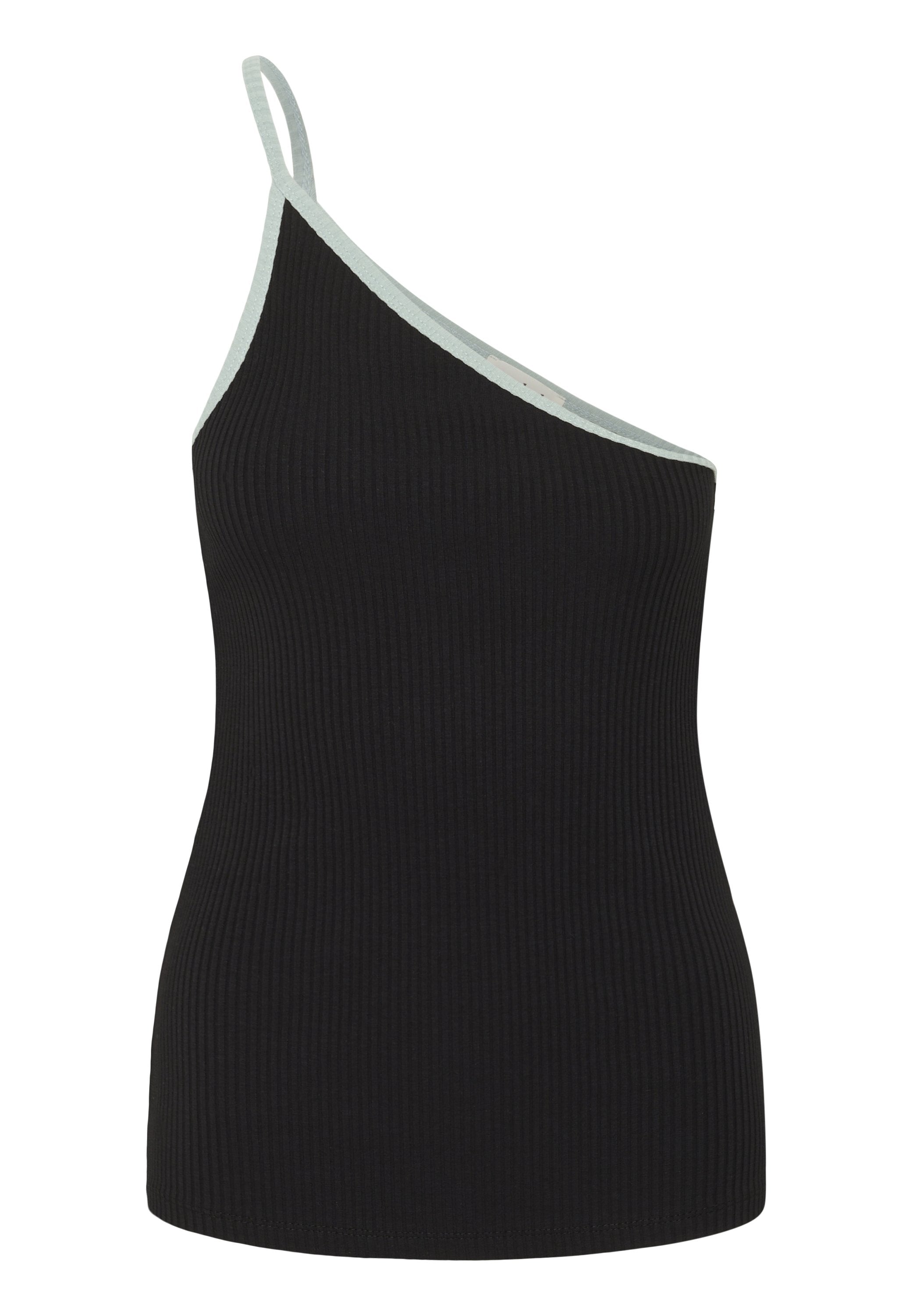 Schwarzes, geripptes Tanktop mit einem Schulterriemen. Mit einer kontrastierenden hellblauen Borte entlang des Ausschnitts und des Armausschnitts. Hergestellt aus dehnbarem Material.