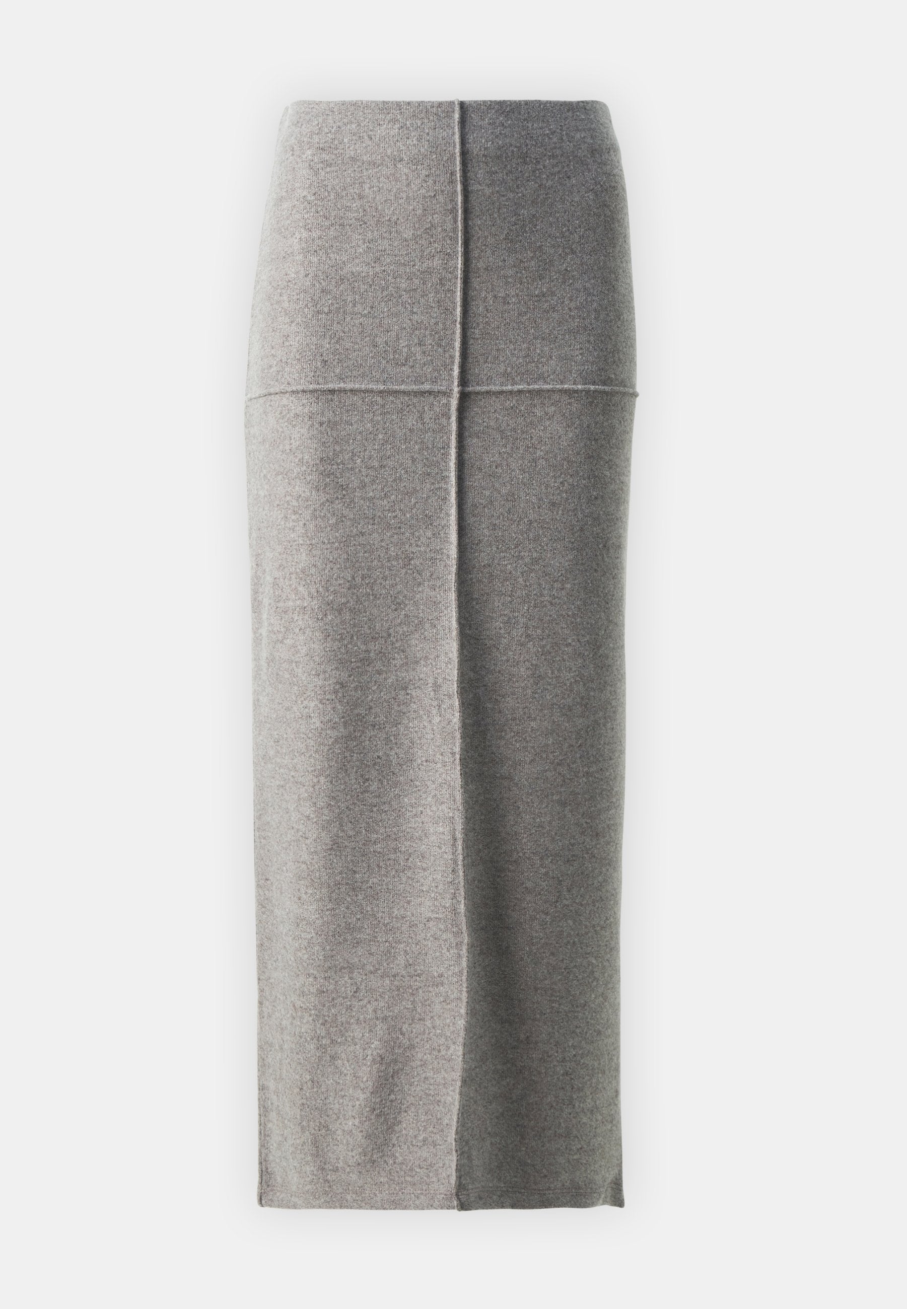 Grauer Wollmischung-Midirock mit geradem Schnitt, vorderen Nahtdetails und einer subtilen Textur. Keine sichtbaren Verschlüsse.