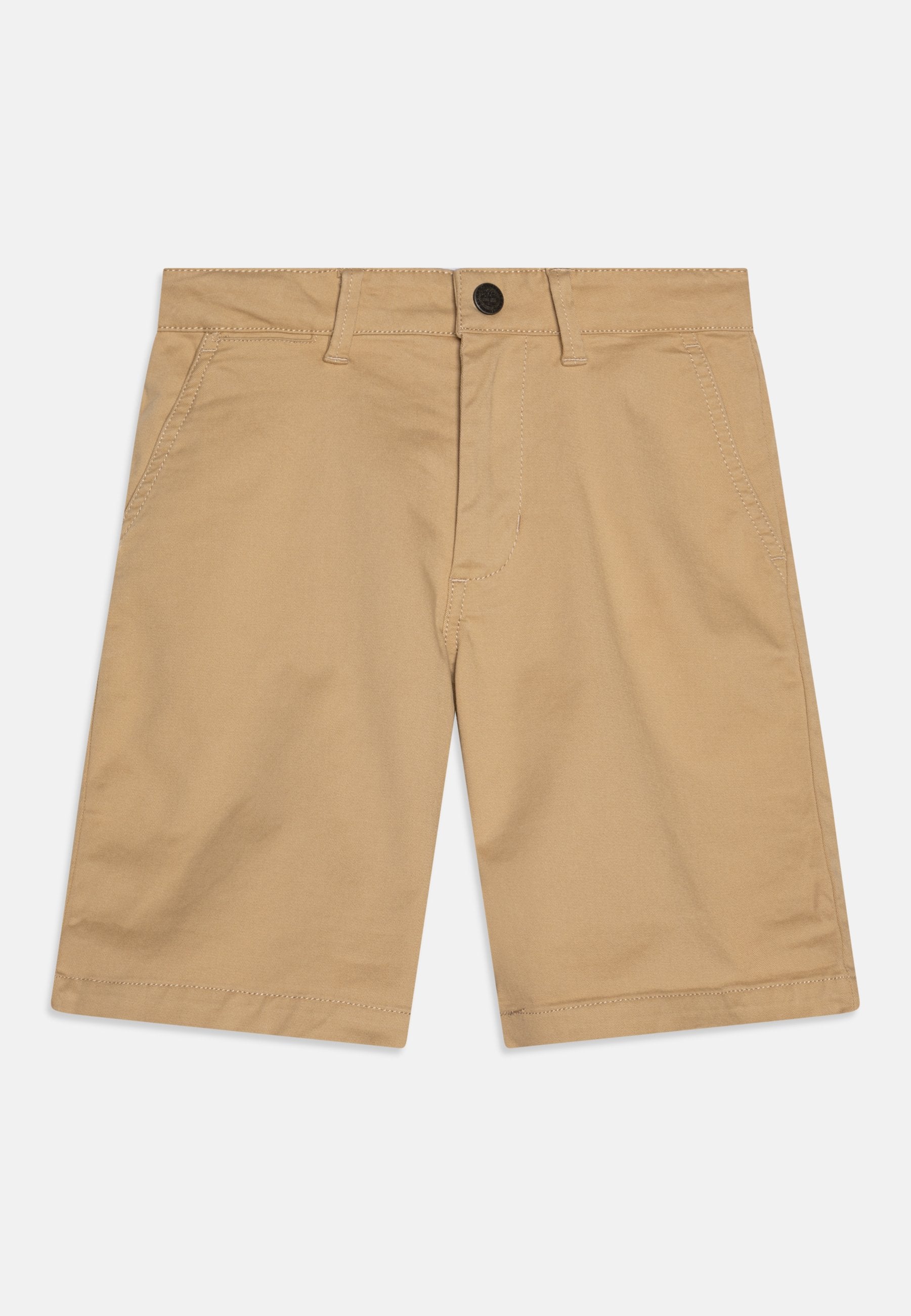 Beige Baumwollshorts mit geradem Bein, Fronttaschen und einem einzelnen Knopfverschluss. Glatte Textur, keine Muster oder Akzente.