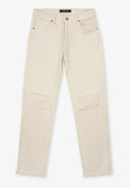 Beige Ripped Jeans mit lockerer Passform, mit ausgefransten Kanten am Saum und Patchdetails an den Knien. Hergestellt aus strapazierfähigem Denimstoff.