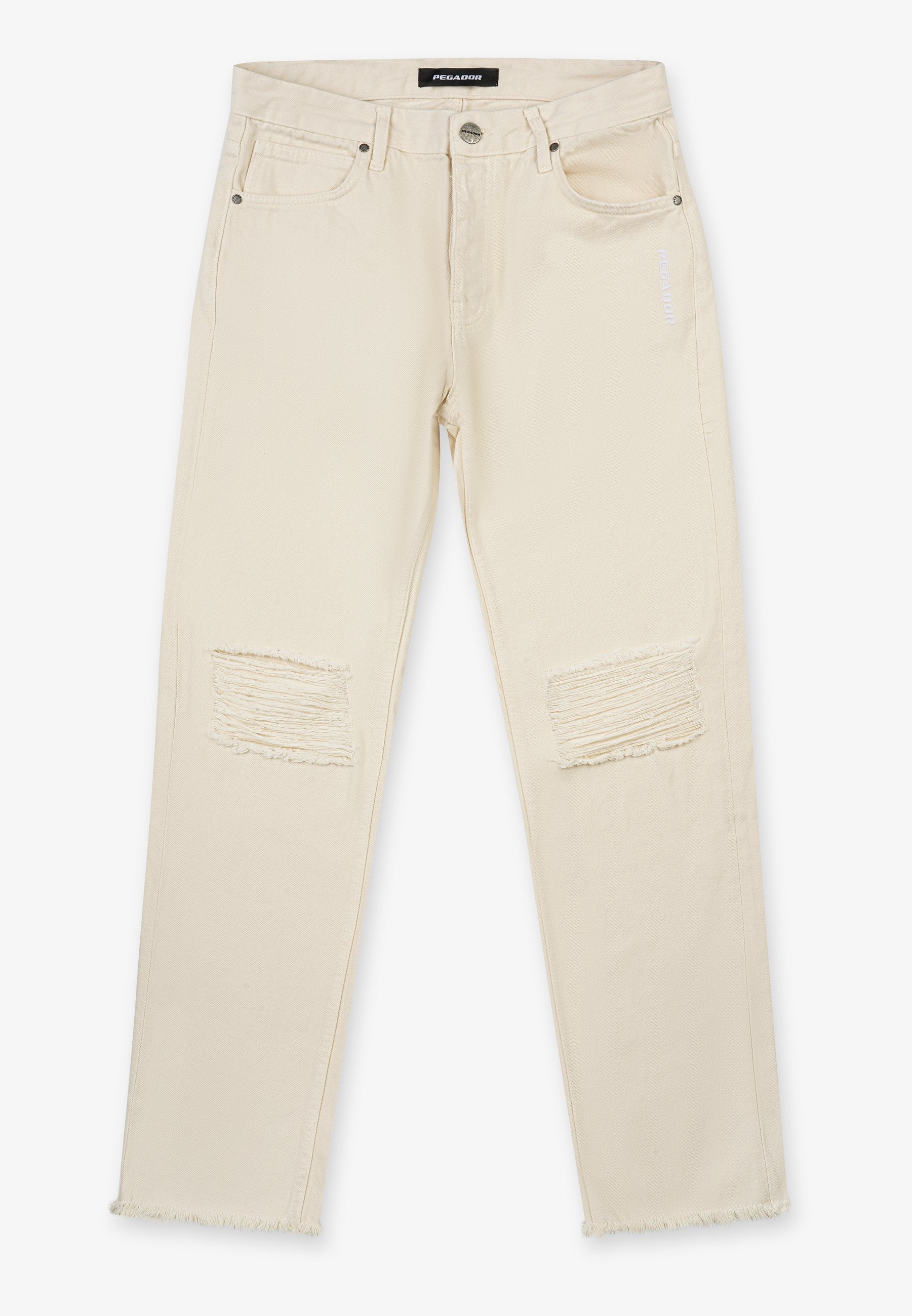 Beige Ripped Jeans mit lockerer Passform, mit ausgefransten Kanten am Saum und Patchdetails an den Knien. Hergestellt aus strapazierfähigem Denimstoff.