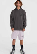 Grauer Hoodie mit schwarzem Logo auf der Brust, kombiniert mit hellrosa Shorts, die ein ähnliches Logo haben. Schwarze Socken und graue Sneakers runden den Look ab.