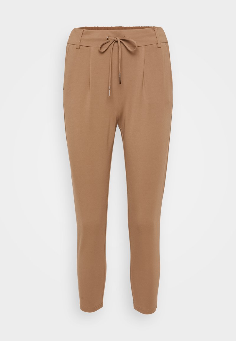 Hellbraune, tapered Hosen aus weichem Material, mit einem Kordelzugbund, vorderen Falten und elastischen Bündchen an den Knöcheln.
