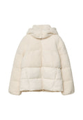 Cremefarbene Steppjacke aus einem weichen, strukturierten Stoff. Verfügt über eine Kapuze, gesteppten Abschnitten und einen vorderen Reißverschluss.