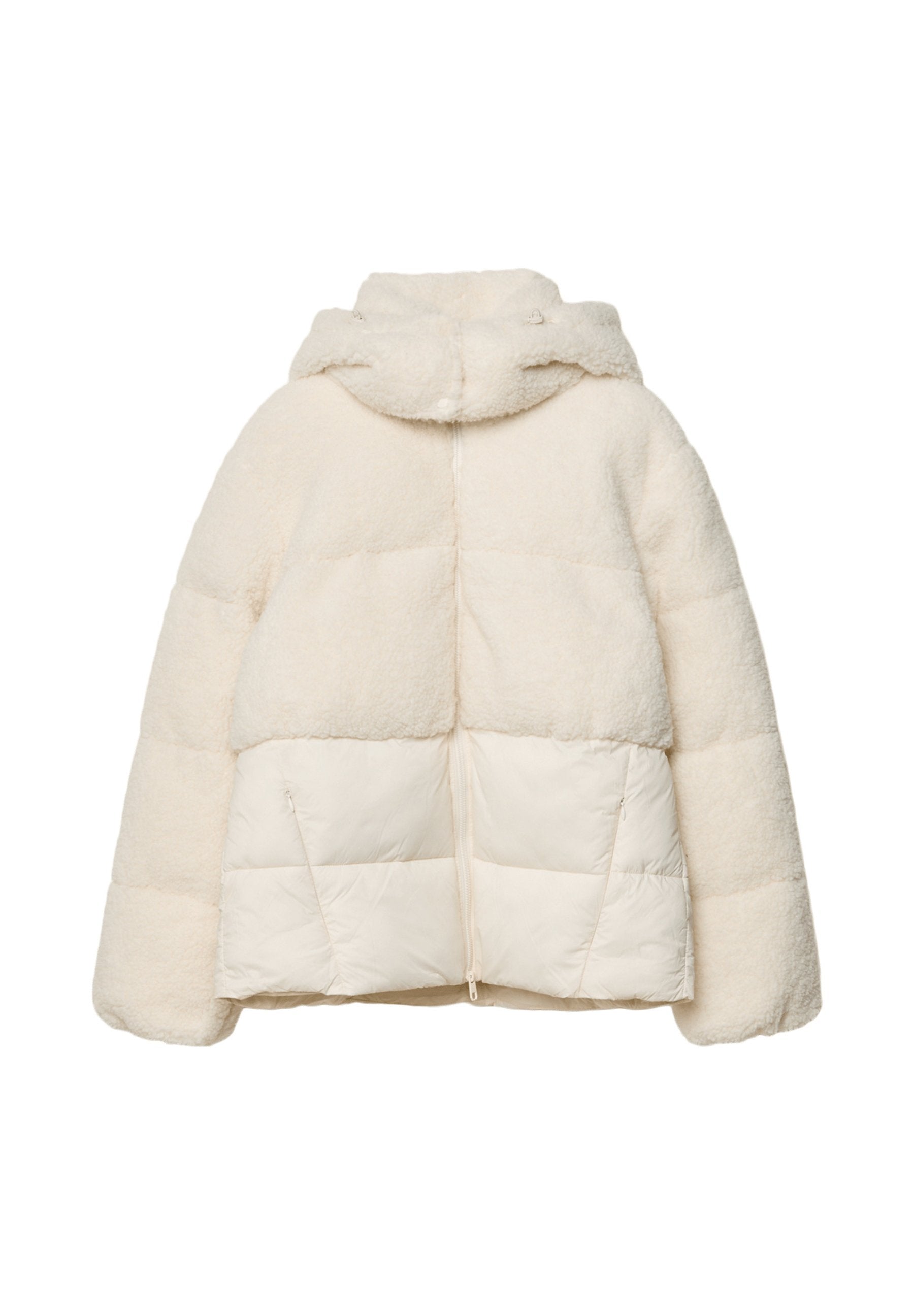 Cremefarbene Steppjacke aus einem weichen, strukturierten Stoff. Verfügt über eine Kapuze, gesteppten Abschnitten und einen vorderen Reißverschluss.