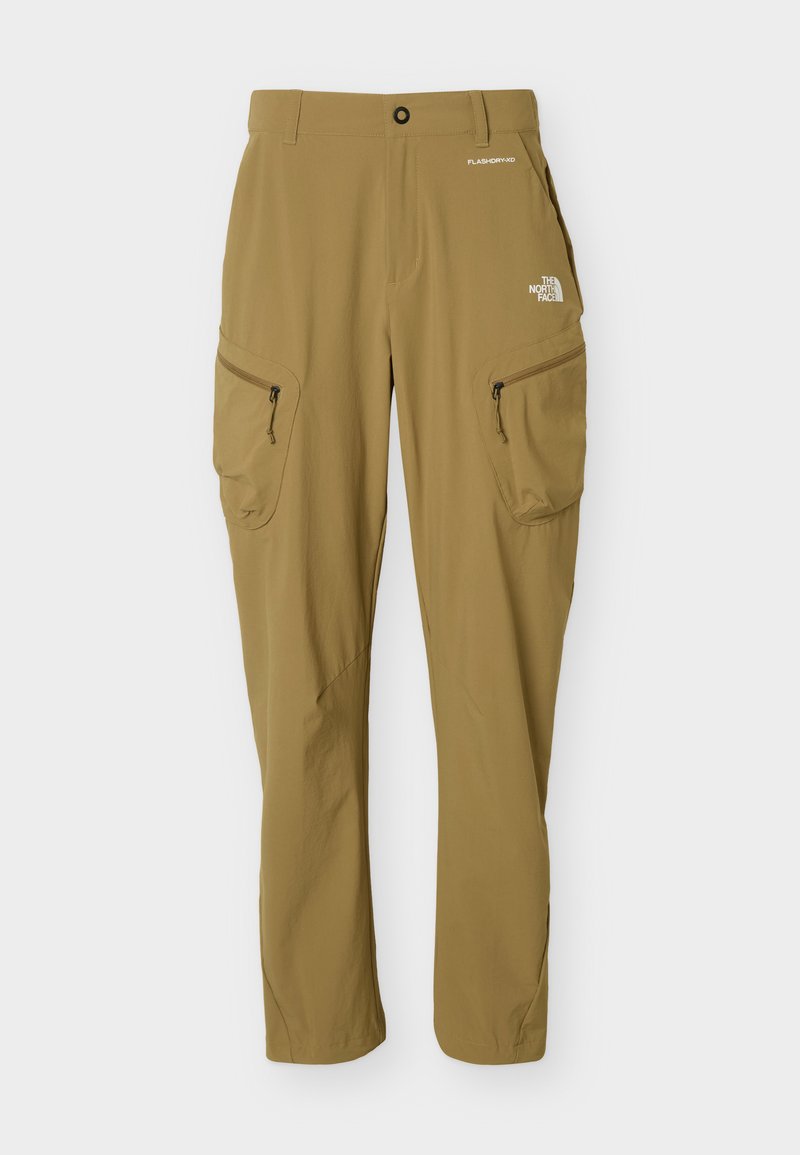 Khakifarbene Outdoor-Hose mit Reißverschluss-Cargotaschen an beiden Beinen, Gürtelschlaufen, Knopfverschluss und "The North Face"-Logo auf dem rechten Oberschenkel.