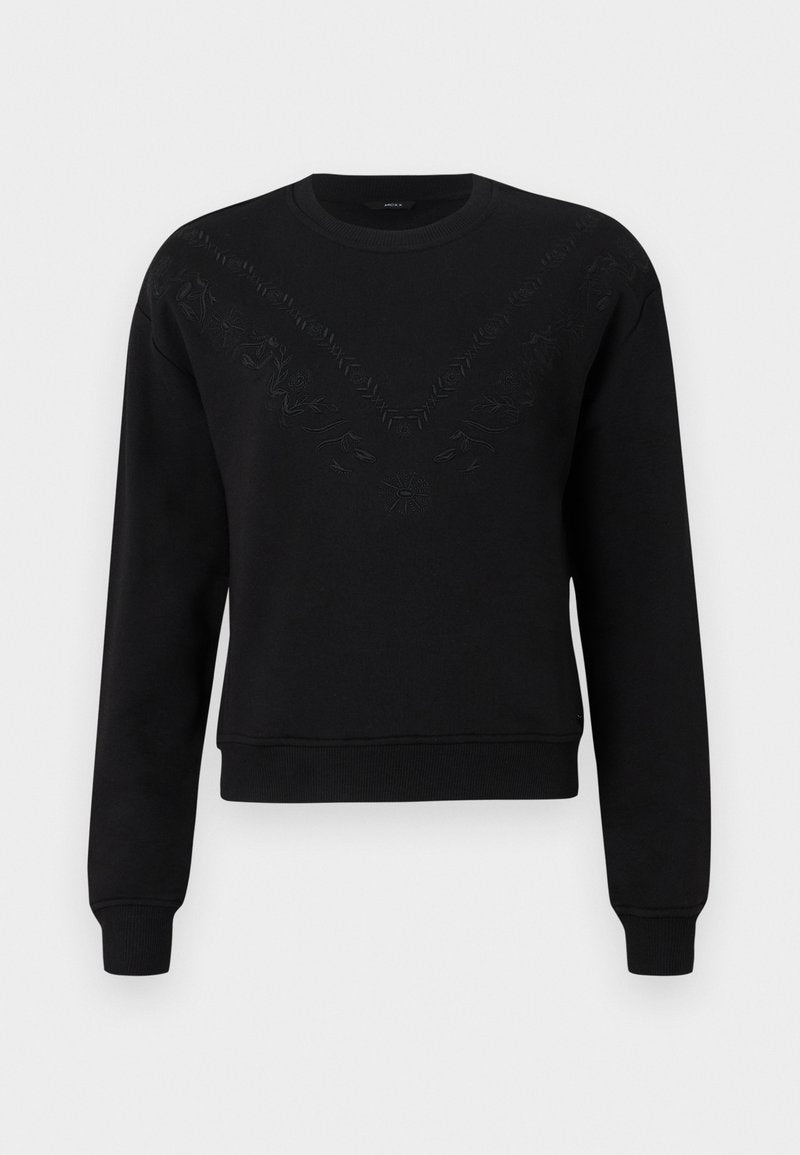 Schwarzes Langarm-Sweatshirt mit dezentem V-förmigem, gesticktem Blumenmuster über der Brust sowie gerippten Bündchen und Saum.