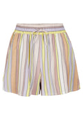 Gestreifte Shorts in Pastellfarben – Rosa, Gelb, Flieder und Braun. Elastischer Bund mit Zugband, leichtes Material und bequeme Passform.