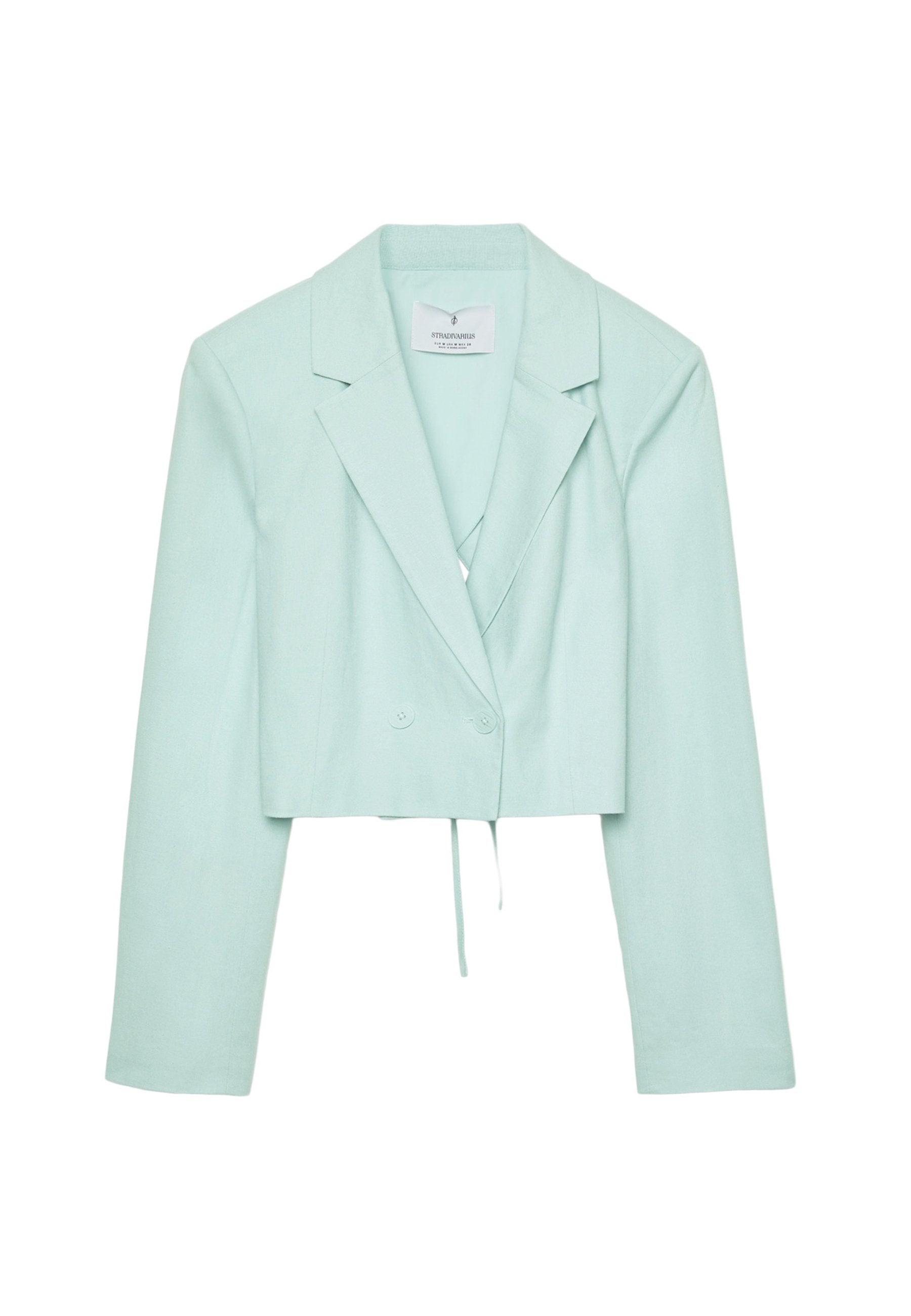 Taillierter mintgrüner Blazer mit einem strukturierten Kragen, doppelter Knopfverschlusst, langen Ärmeln und einer Kordelzug-Detail am Saum.