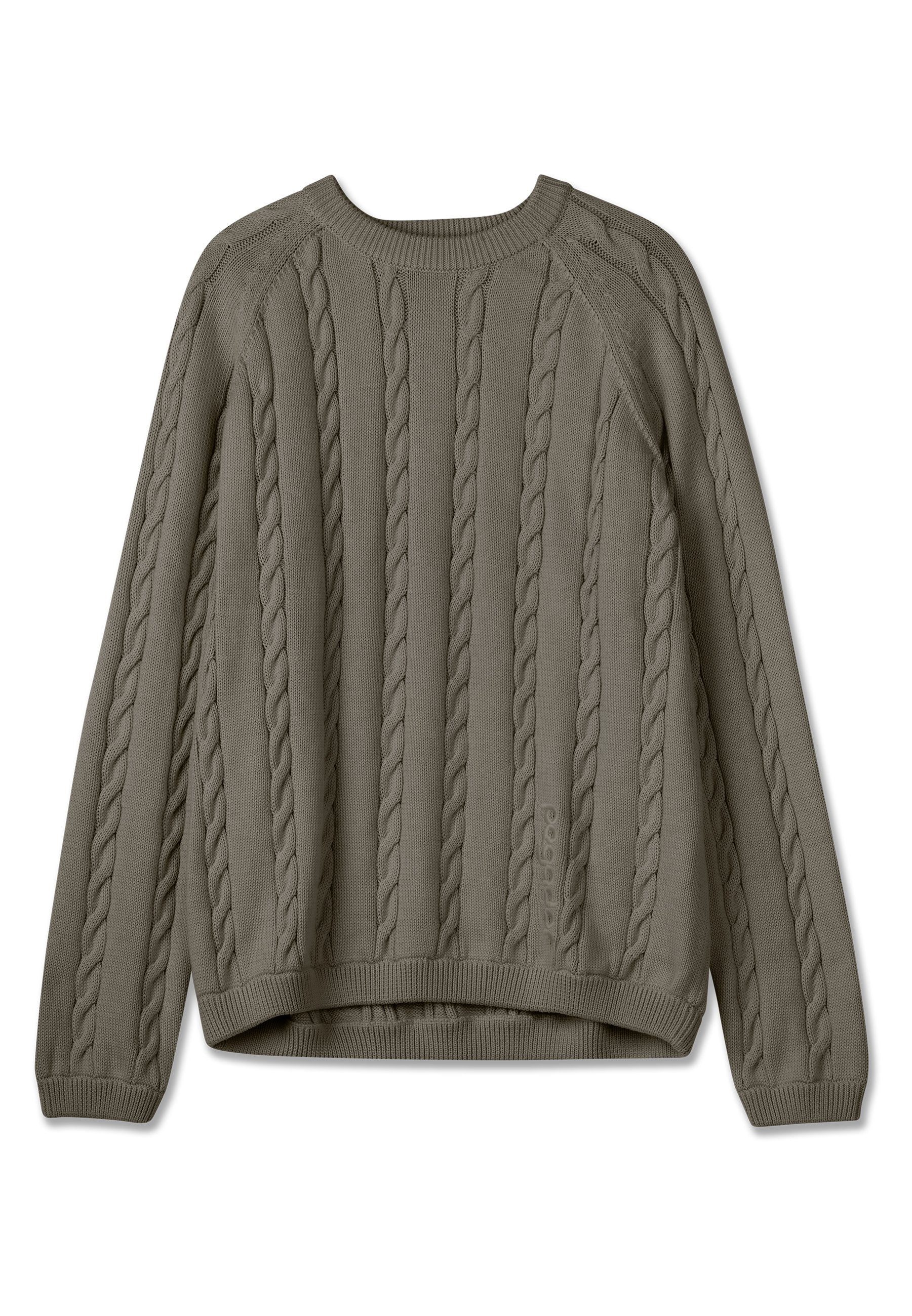 Kabelstrickpullover in Olivgrün, mit vertikalen Rippen und strukturierten Mustern. Rundhalsausschnitt und leicht lockere Passform.