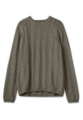 Kabelstrickpullover in Olivgrün, mit vertikalen Rippen und strukturierten Mustern. Rundhalsausschnitt und leicht lockere Passform.