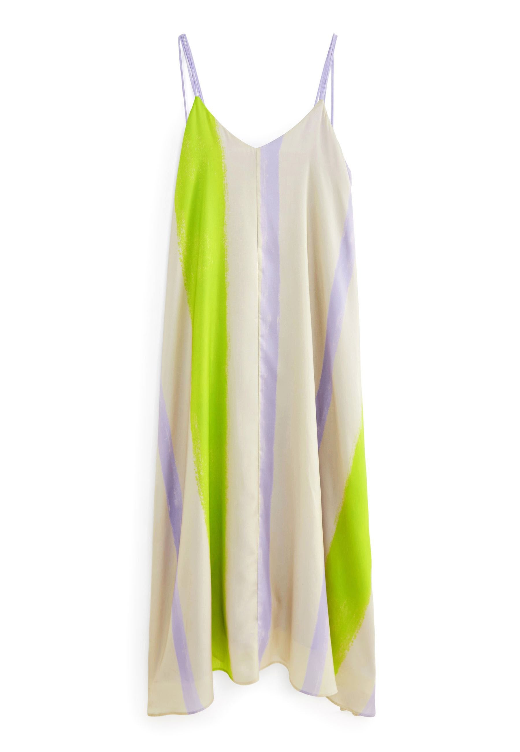 Ärmelloses Kleid mit diagonalen Streifen in lebhaftem Grün, Lavendel und Creme. Hergestellt aus glattem Stoff mit leichtem Glanz, lässiger Schnitt.