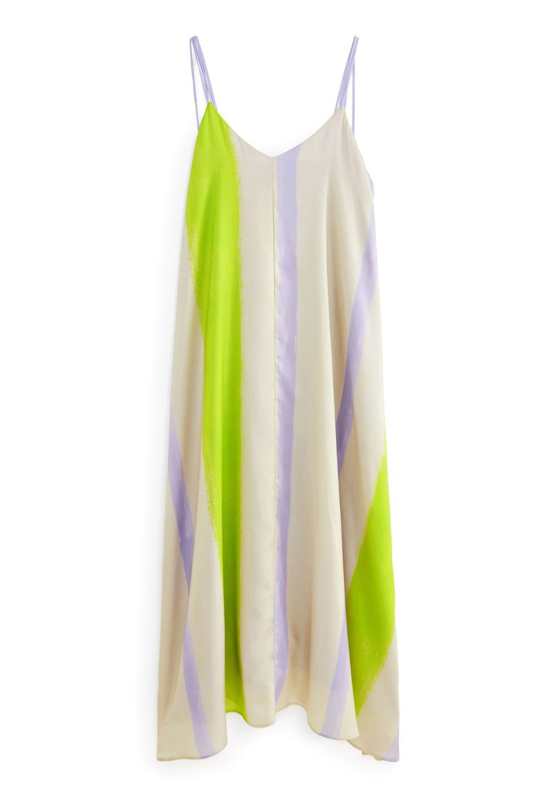 Ärmelloses Kleid mit diagonalen Streifen in lebhaftem Grün, Lavendel und Creme. Hergestellt aus glattem Stoff mit leichtem Glanz, lässiger Schnitt.