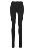 Schwarze Skinny-Jeans aus dehnbarem Material. Verfügt über ein Fünf-Taschen-Design, Gürtelschlaufen und einen Reißverschluss vorne zur Schließung. Glatte Textur.