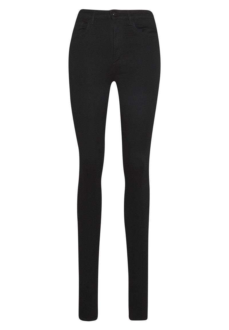 Schwarze Skinny-Jeans aus dehnbarem Material. Verfügt über ein Fünf-Taschen-Design, Gürtelschlaufen und einen Reißverschluss vorne zur Schließung. Glatte Textur.