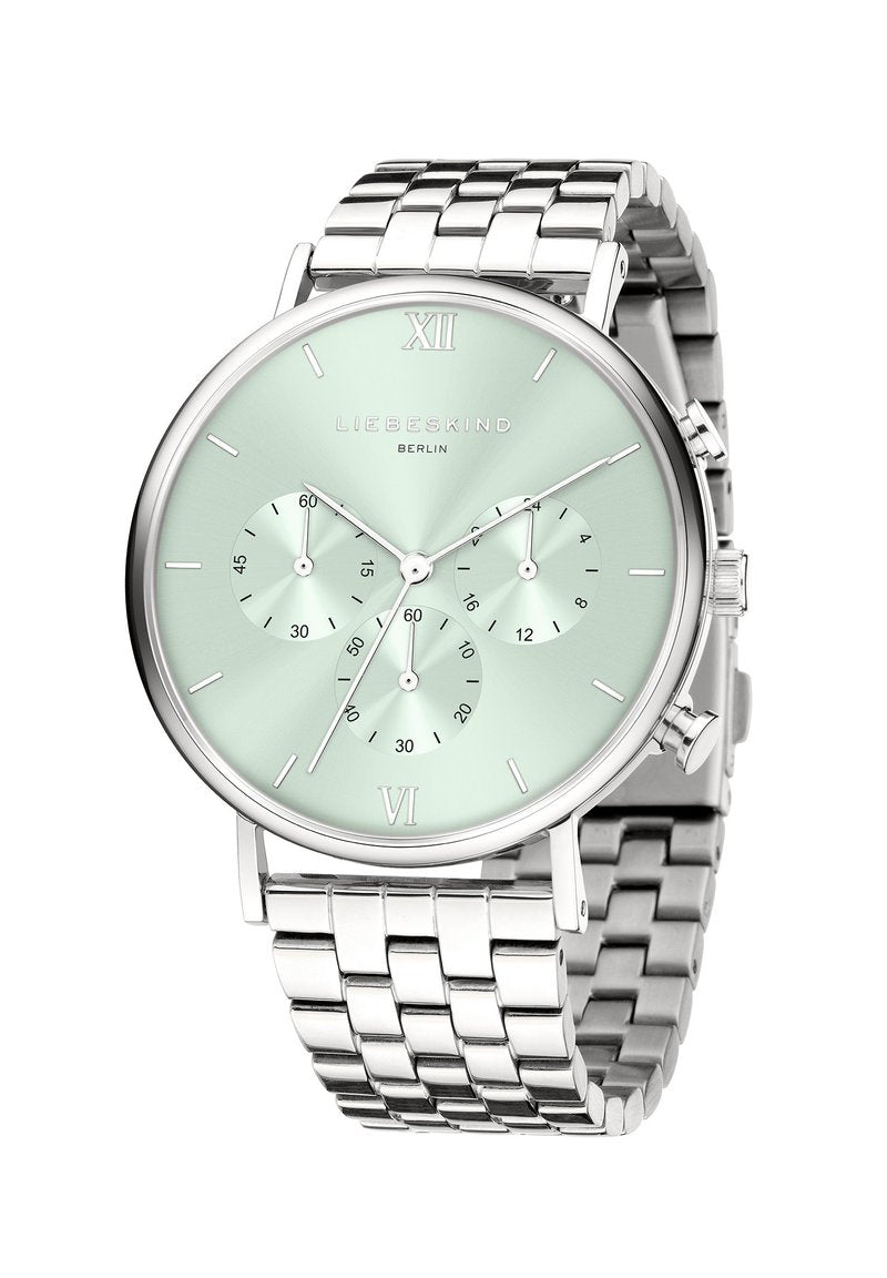 Silberner Edelstahl-Uhr mit einem mintgrünen Ziffernblatt, drei Subdials und römischen Ziffern für 12 und 6. Gliederarmband-Design.