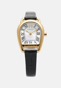 Goldene Aigner Armbanduhr mit schwarzem Lederarmband, weißem Zifferblatt, römischen Zahlen und goldenen Zeigern, die 10:11 anzeigen.