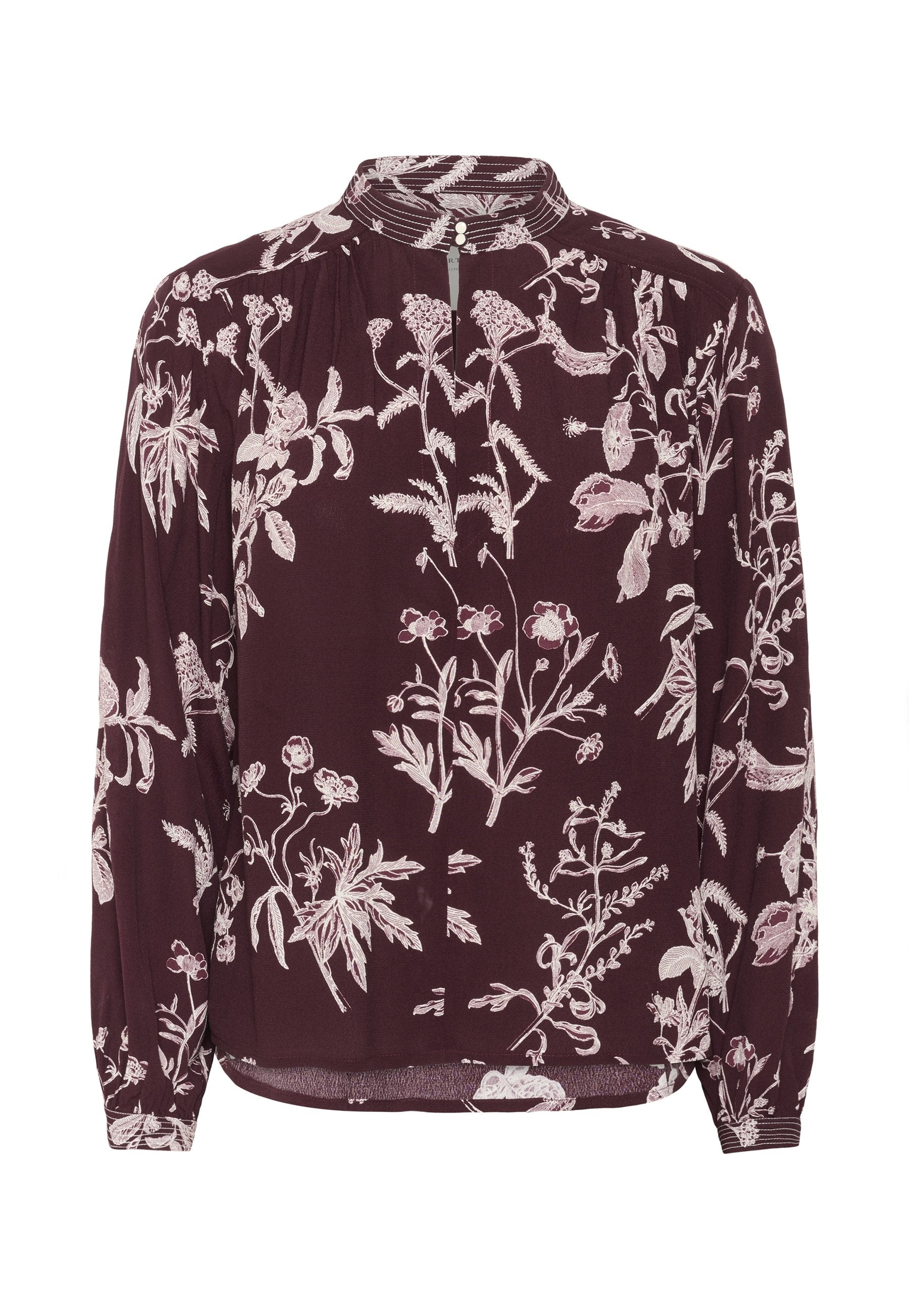 Langärmlige bordeauxfarbene Bluse mit aufwendigen floralen Mustern in hellem Rosa, mit einem knöpfbaren Kragen und dezenten Faltenelementen.