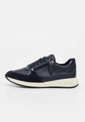 Marineblaue Schnürsneaker mit seitlichem Reißverschluss, Mischmaterialien, weißer Zwischensohle und schwarzer Außensohle, von der Außenseite gezeigt.