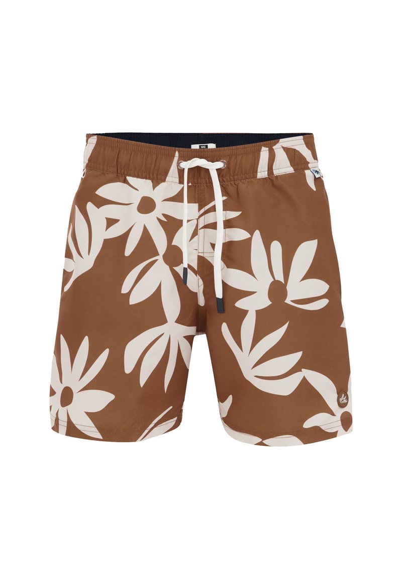 Braune Badeshorts mit großen weißen Blumenmustern, elastischem Bund mit Kordelzug und einem kleinen Logoakzent nahe dem Saum.