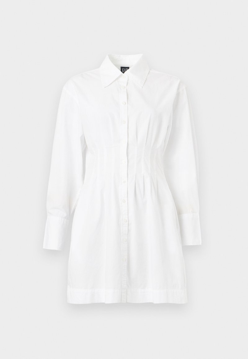 Weißes Hemdkleid mit langen Ärmeln, durchgehender Knopfleiste, spitzem Kragen und tailliertem Bund.
