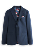 Marineblauer karierter Blazer mit einem einzigen Knopf, zwei Fronttaschen und einem Innenfutter mit geometrischen Mustern in Pink und Blau.