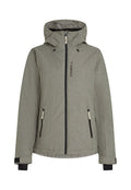 Graue Wetterjacke mit Kapuze, ausgestattet mit einem Reißverschluss vorne und Taschen, kontrastierender schwarzer Hardware und strukturiertem Stoff. Markenlogo sichtbar.