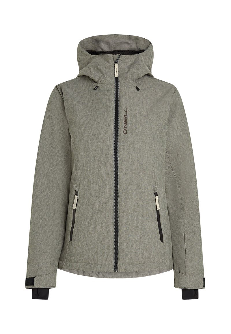 Graue Wetterjacke mit Kapuze, ausgestattet mit einem Reißverschluss vorne und Taschen, kontrastierender schwarzer Hardware und strukturiertem Stoff. Markenlogo sichtbar.