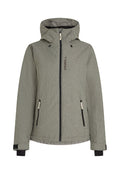 Graue Wetterjacke mit Kapuze, ausgestattet mit einem Reißverschluss vorne und Taschen, kontrastierender schwarzer Hardware und strukturiertem Stoff. Markenlogo sichtbar.