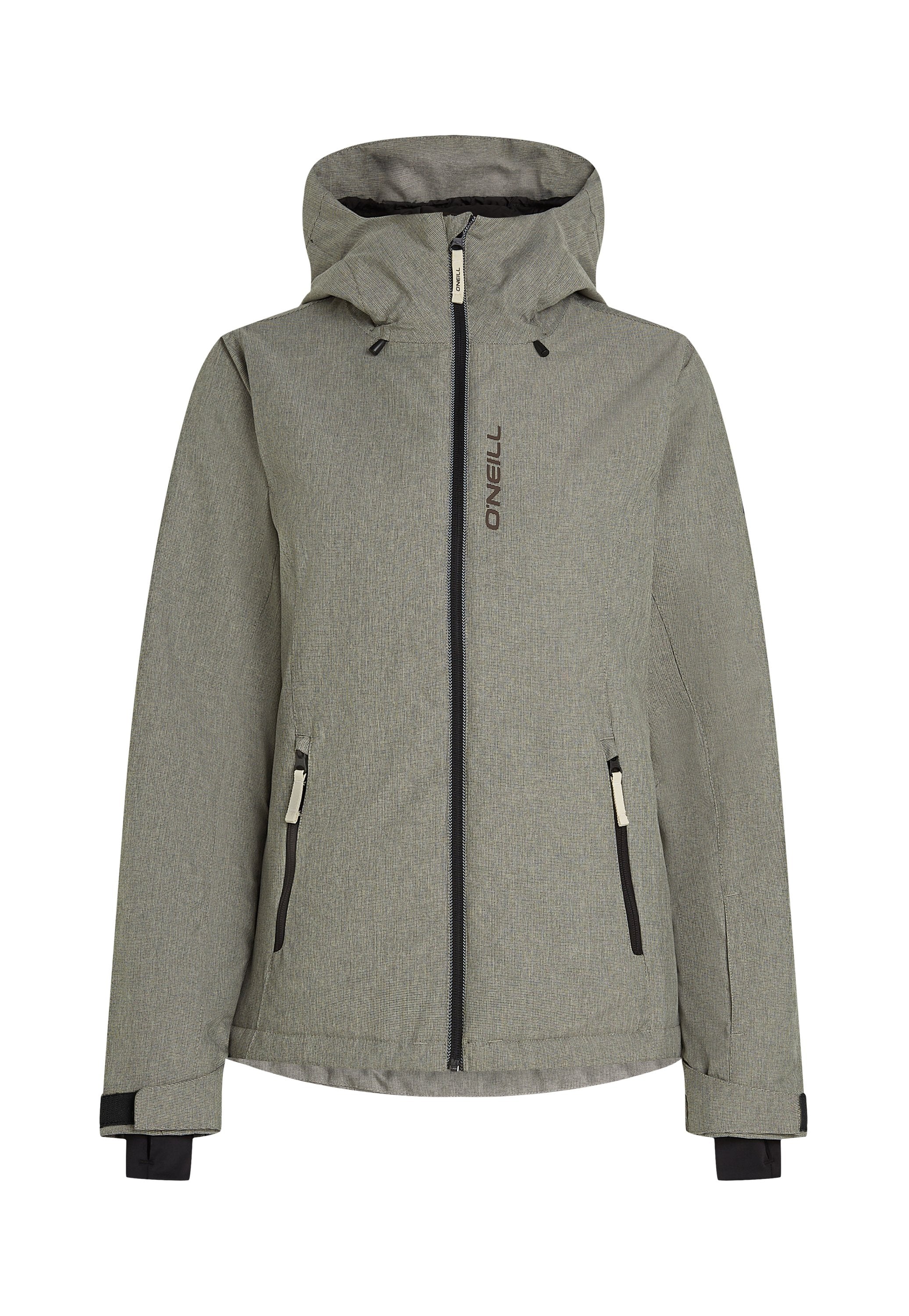 Graue Wetterjacke mit Kapuze, ausgestattet mit einem Reißverschluss vorne und Taschen, kontrastierender schwarzer Hardware und strukturiertem Stoff. Markenlogo sichtbar.