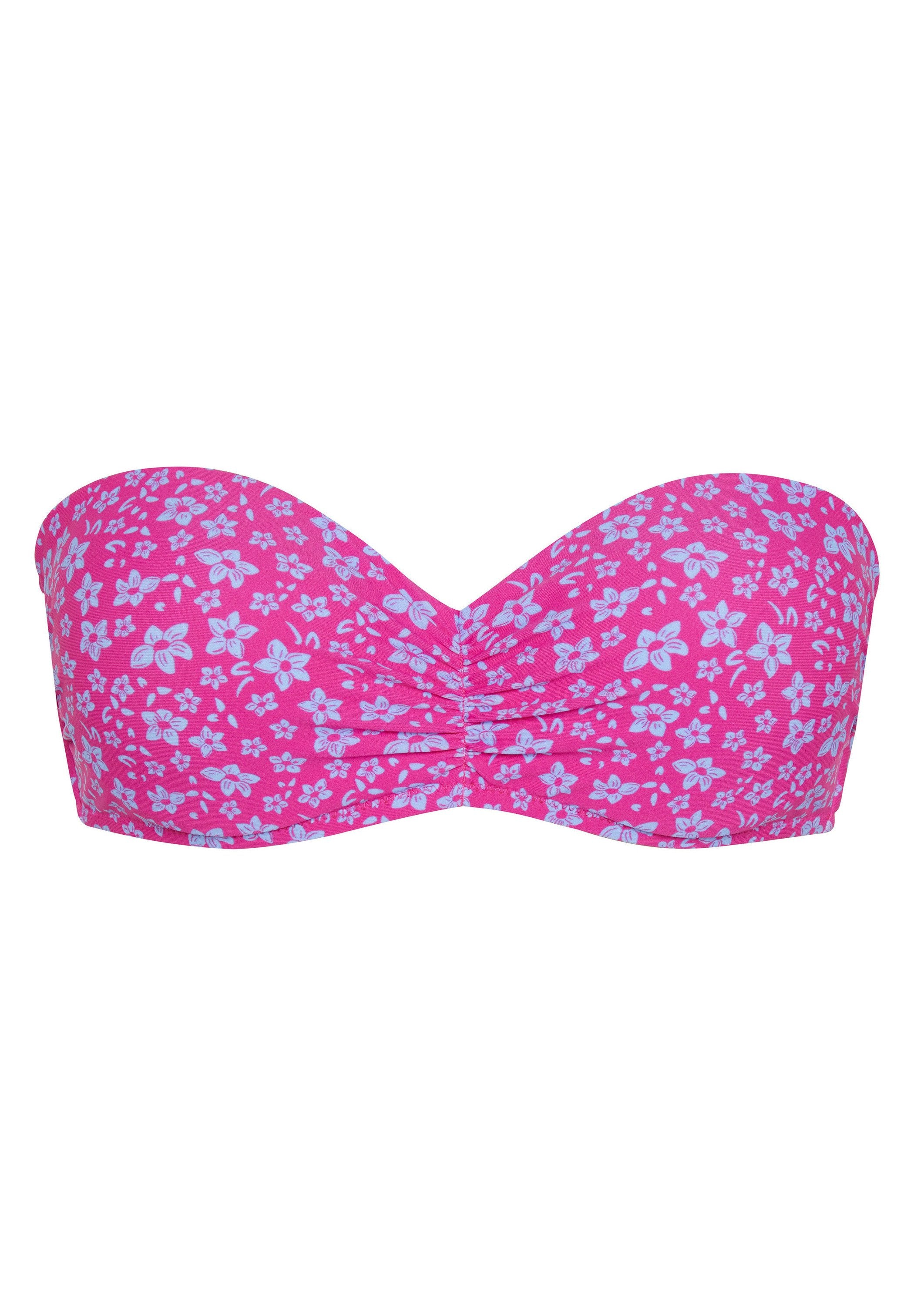 Bandeau-Bikini-Oberteil in leuchtendem Pink mit hellblauem Blumenmuster. Beinhaltet eine geraffte Mittelnaht und glattes Material. Keine Träger enthalten.
