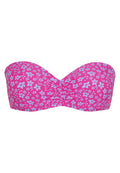 Bandeau-Bikini-Oberteil in leuchtendem Pink mit hellblauem Blumenmuster. Beinhaltet eine geraffte Mittelnaht und glattes Material. Keine Träger enthalten.